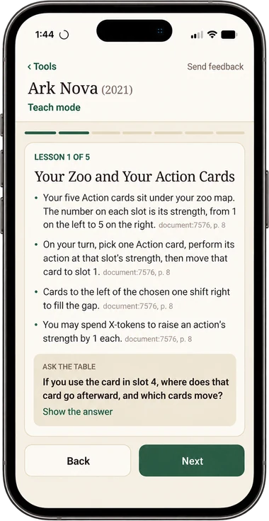 Hamster Oracle teach mode for Ark Nova: lesson 1 of 5, Your Zoo and Your Action Cards, with rulebook page references and an Ask the table question