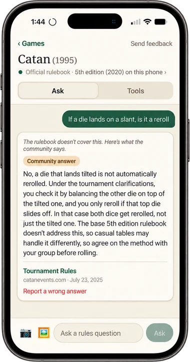 Hamster Oracle answering a Catan question about a die landing on a slant: the rulebook does not cover it, so a labeled Community answer explains the tournament clarification and cites the Tournament Rules from catanevents.com