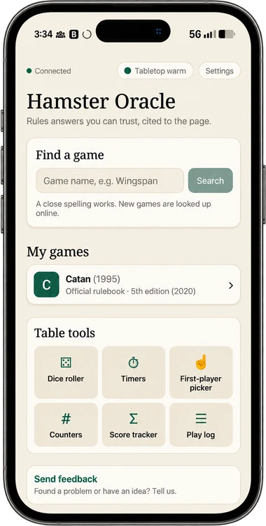 Hamster Oracle home screen: a Find a game search box, My games with Catan and its 5th edition rulebook, and Table tools for dice roller, timers, first-player picker, counters, score tracker and play log