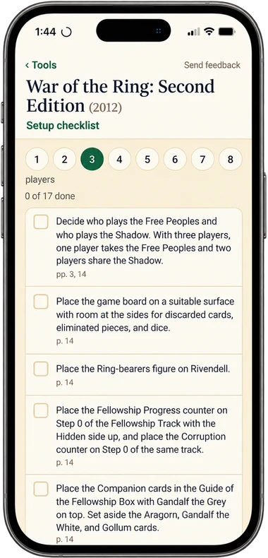 Hamster Oracle setup checklist for War of the Ring: Second Edition with 3 players selected, 0 of 17 steps done, each step citing its rulebook page