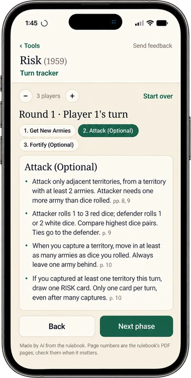 Hamster Oracle turn tracker for Risk: Round 1, Player 1's turn, on the Attack phase with its rules and page numbers, and Back and Next phase buttons